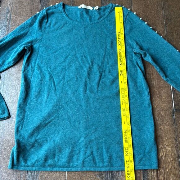 Soft surroundings crewneck pearl trimmed sweater womens size small green soft fe - Picture 9 of 10